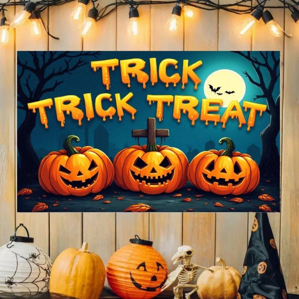1pc Happy Halloween Party Backdrop Gothic Castle Trick or Treat Pumpkin Waterproof Banner for Halloween Themed Party Decoration