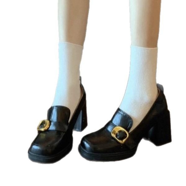 Ретро квадратный носок толстый каблук лоферы на одной педали осень 2025 новая обувь на высоком каблуке маленькие кожаные туфли женские туфли в британском стиле