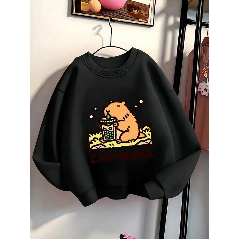 European sizes Girls' Crewneck Sweatshirt - Capybara Holding Bubble Tea Cup, Sportswear And Casual Wear, Soft And Comfortable