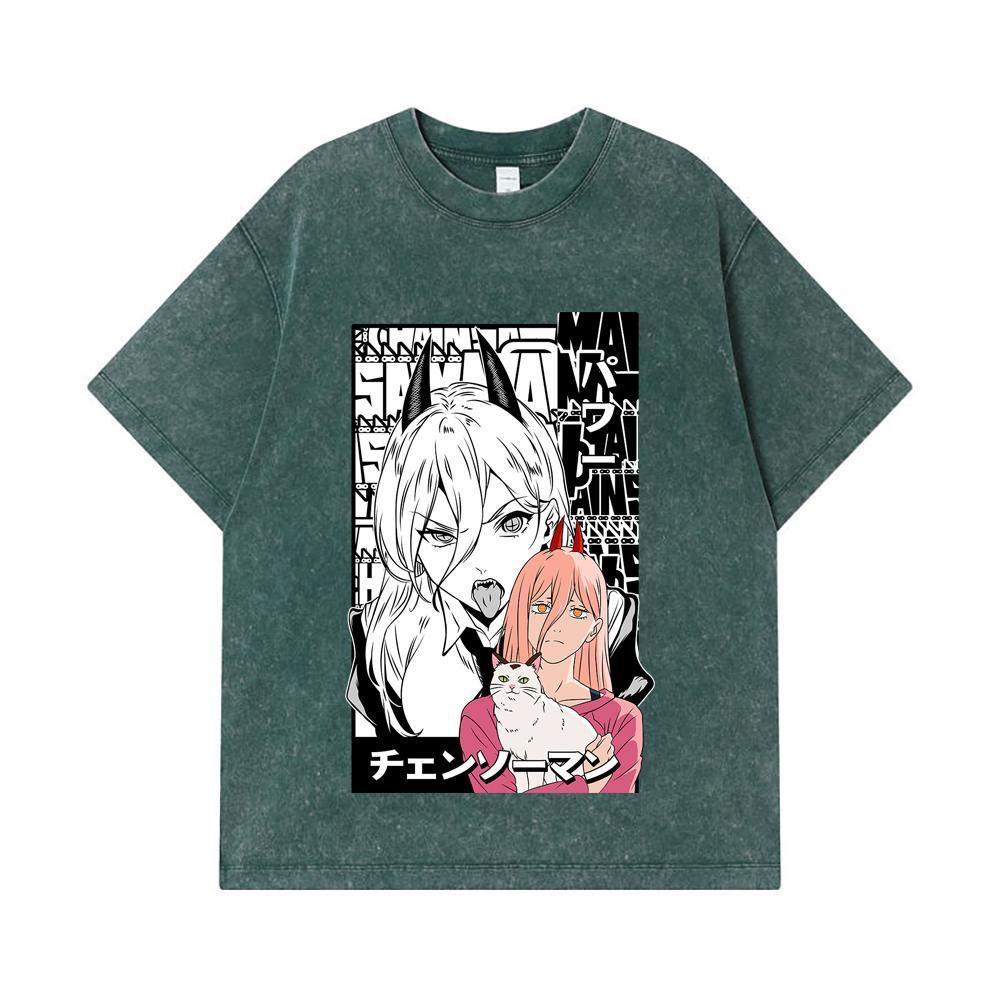 275 GSM Washed T-shirts 100% Cotton Chainsaw Man V57 Power Print Unisex Heavy Cotton T Shirt