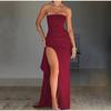 Off Shoulder Elegant High Waist Split Maxi Dress Sexy Club Outfits for Women 2025 Spring Summer New Solid Color Strapless Ruched Evening Dresses