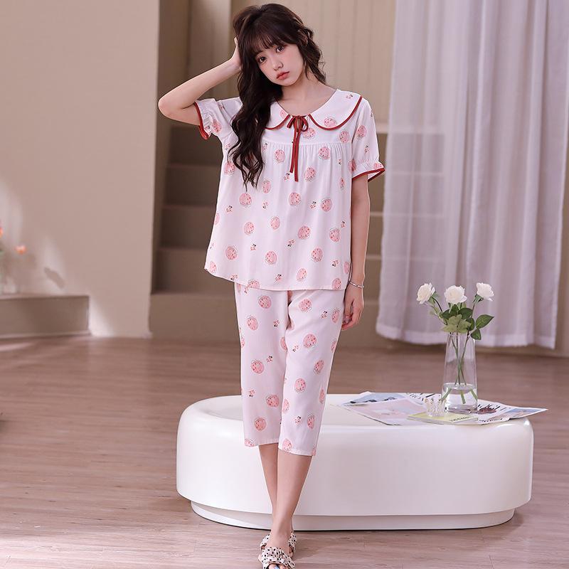 Summer day new pajamas women's short-sleeved cropped pants 10 pcs faux cotton silk set petal collar quality loungewear