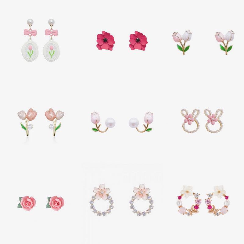 Корейские розовые серьги-пусеты в форме сердца с цветком из смолы - Элегантные и модные