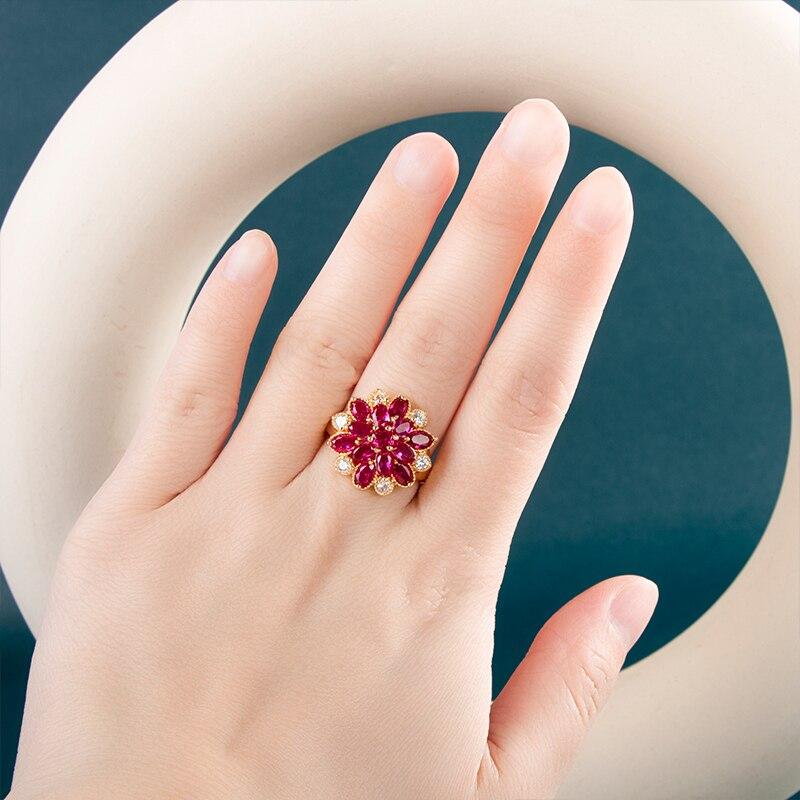 BELLA BOX Кольца с красным корундом и цирконием в виде цветов для девочек с ослепительным красным камнем, романтический подарок на день рождения для женщин, настоящие ювелирные изделия