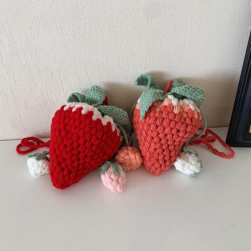 Novelty Strawberry Shaped Crossbody Bag Handmade Knitted DIY Personalized Crochet Wool Small Satchel Bag Cartoon Cute Sling Shoulder Bag MIT