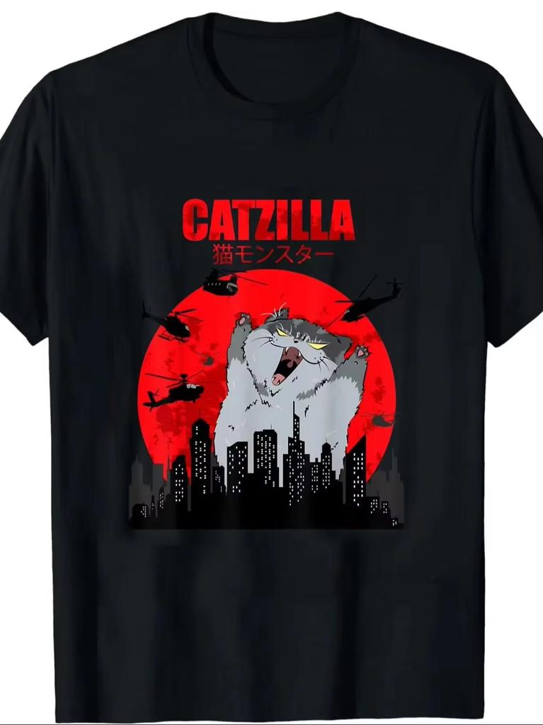 Funny Cute Art Japanese Cat Graphic For Cat Lover Catzilla Tshirts Oneck Unisex Clothing Streetwear Short Sleeve T Shirt Clothes