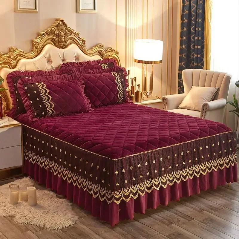Luxury Winter Fast Warm Velvet Bed Skirt Ultra Soft Thick Flannel Quilted Bed Sheet Non Slip Bed Cover Bedspread King Size