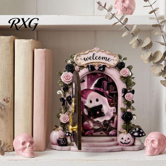 Small Halloween Door Decoration Cute Ghost/Mouse Ornaments, Miniature Decoration, Double Pink Display Layer Arch Wall Corner Decor for Bookshelf