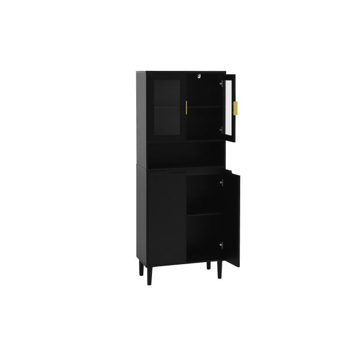 Bücherregal mit Türen aus gehärtetem Glas und verstellbaren Einlegeböden, vier Türen, spritzlackierter MDF-Schrank, schwarz