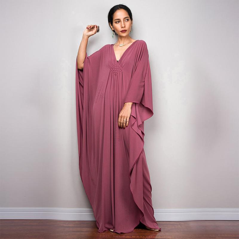 2024 однотонное свободное платье макси с v-образным вырезом и рукавами «летучая мышь» больших размеров для женщин, летняя пляжная одежда, кафтан, длинный купальный костюм, накидка Q1306