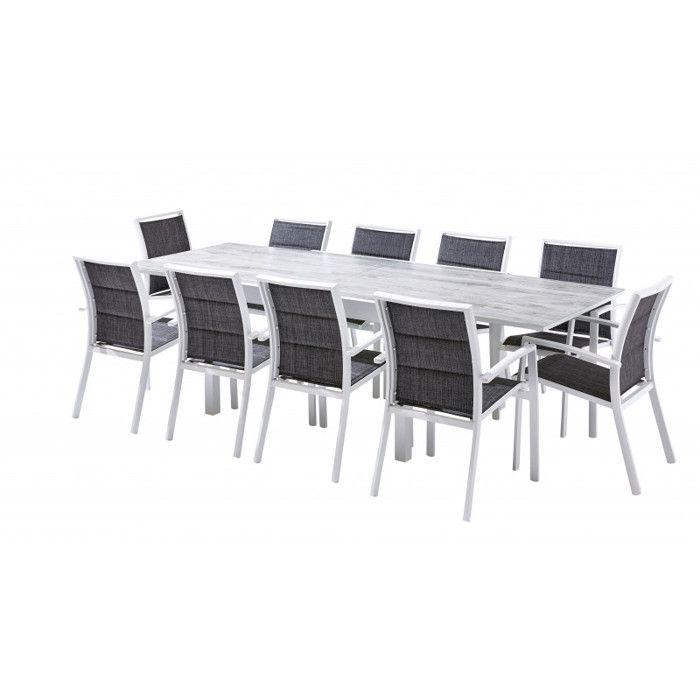Salon de jardin Ensemble ModuloWood T 6/10 + F 10 Verre Déco Bois Blanc Wilsa Garden