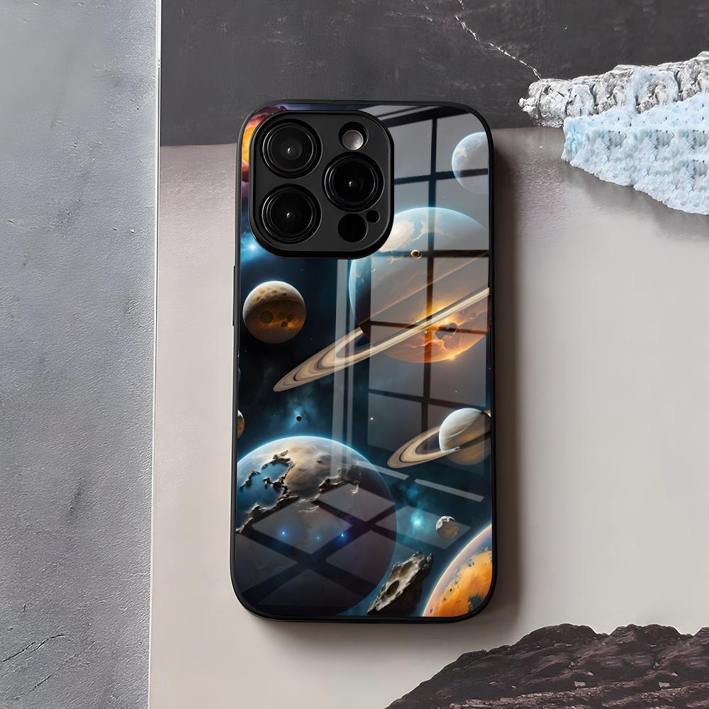 Space Planet Phone Case For IPhone 17 Air 16 E Pro Max 15 14 13 Mini 12 Pro 11 Max Plus Black Glass Cover