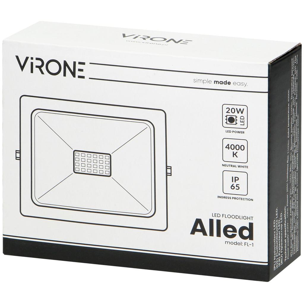 Virone Led Floodlight 20 W 1500 Lm Ip65 4000 K Black 1 Pc