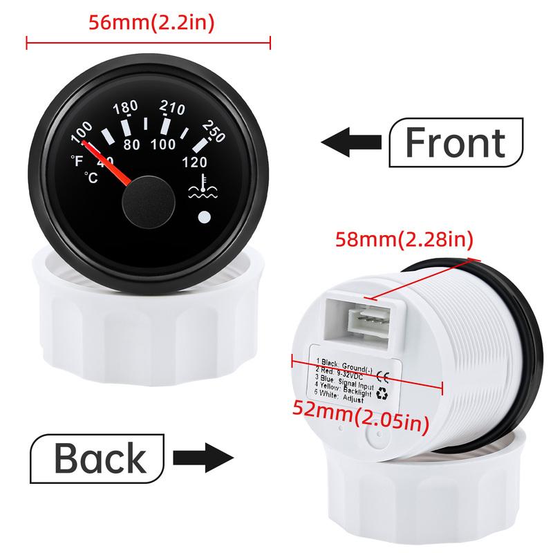40-120℃,100-250℉ 52MM Water Temperature Gauge With Flashing Alarm Temp Sensor 10.2MM for Auto Car Boat Yacht 7 Color Light