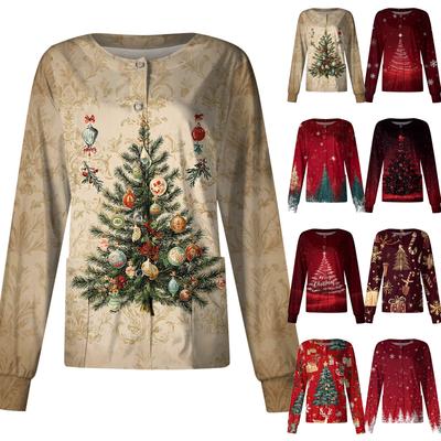 Женский повседневный однобортный однобортный защитная одежда с рождественским принтом и длинными рукавами, кардиган, топ