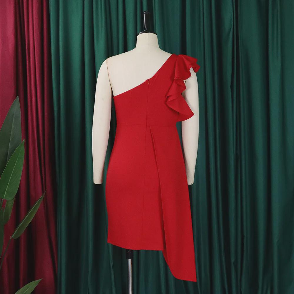 D393 Women's Summer Fashion One-Shoulder Ruffle Pencil Skirt Dress
