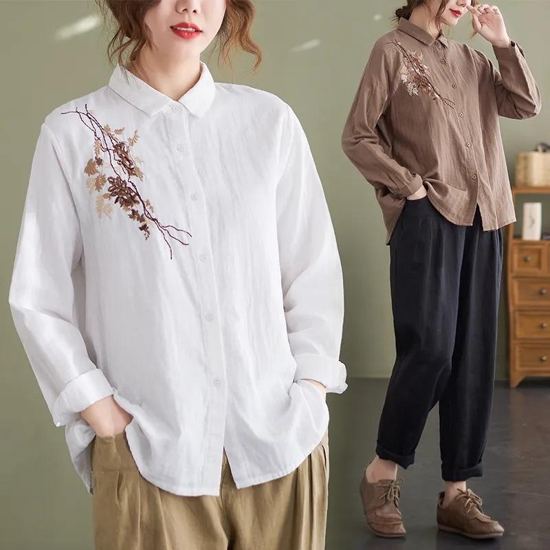 Весенняя ретро-рубашка больших размеров для женщин с длинными рукавами, свободный повседневный вышитый кардиган
