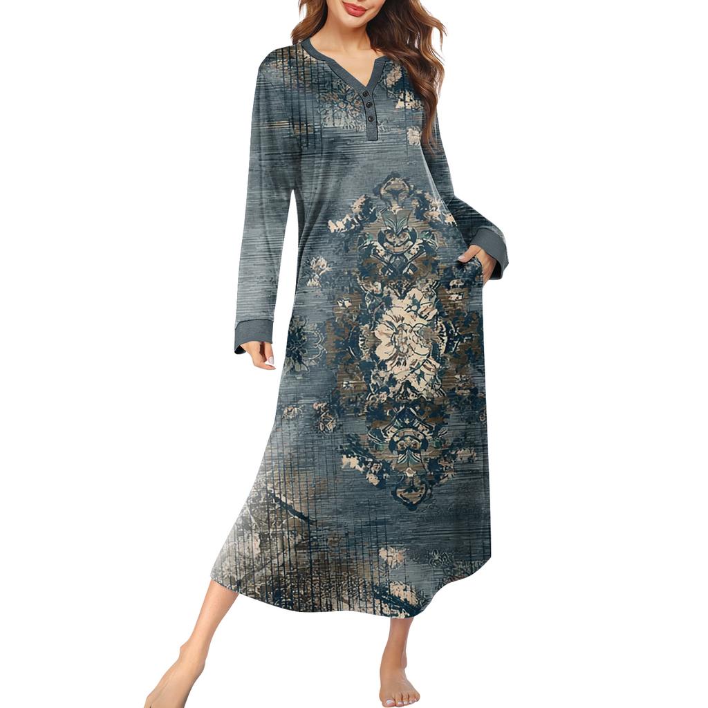Женская ночная сорочка длинная домашняя одежда с V-образным вырезом и карманами