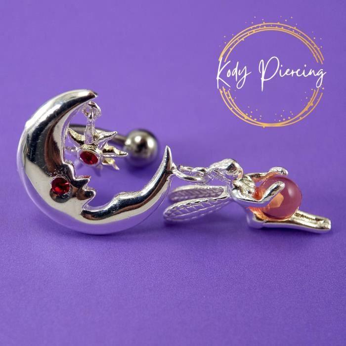 KODY PIERCING Кольцо из стерлингового серебра 925 пробы в виде пупка «Перевернутая фея» с комплектом из луны и красных кристаллов