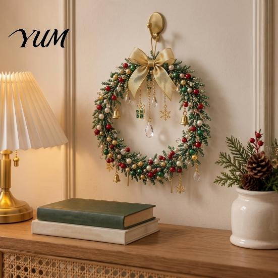 DIY Holiday Wreath Making Beaded Christmas Kit, Craft Kit with Colorful Beads Party Activity Supplies & Ornament Charms, Seasonal Bead Art for Adults,