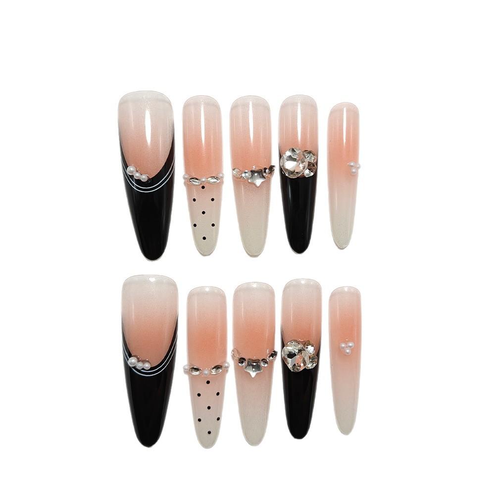 Black Gold Jazz Handmade Long Oval Polka Dot Diamond Black French High-end Whitening 10 Manicure Patches