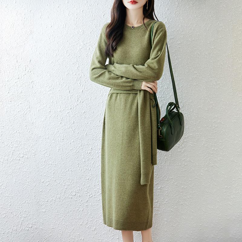 Women Sweater Dress 100% Wool TIDENOVEL O-neck Knit Long Pullover Winter Jumpers Wool Long Dress Female