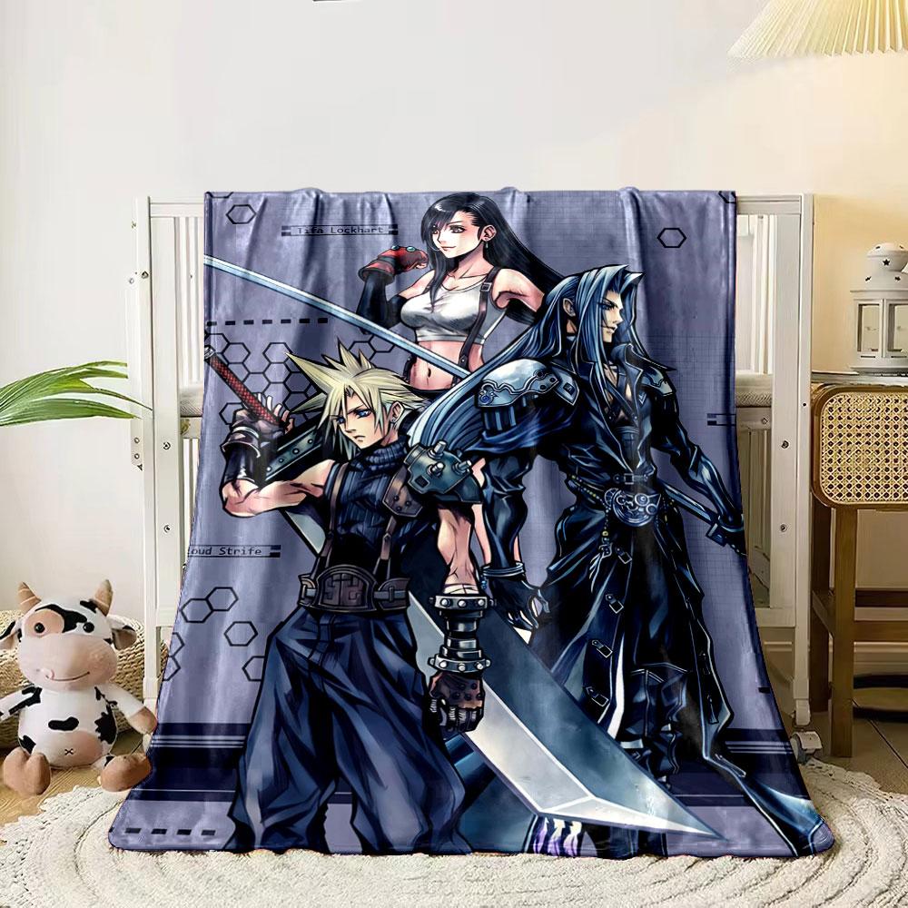 Three characters in detailed fantasy outfits holding large swords. for all seasons blanket lunch break throw gift