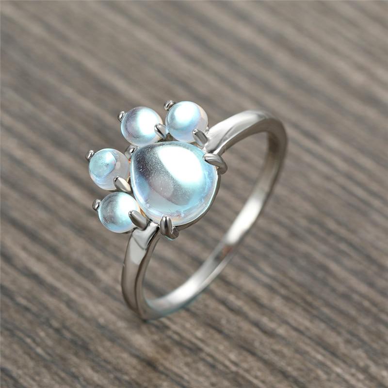 100% Real 925 Sterling Silver Moonstone Rings For Women Cute Cat Paw Animal Footprint Gemstone Ring Female Unique Dog Claw Rings