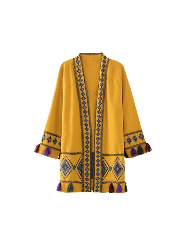 Women's Yellow Ethnic Tassel Knit Cardigan Coat