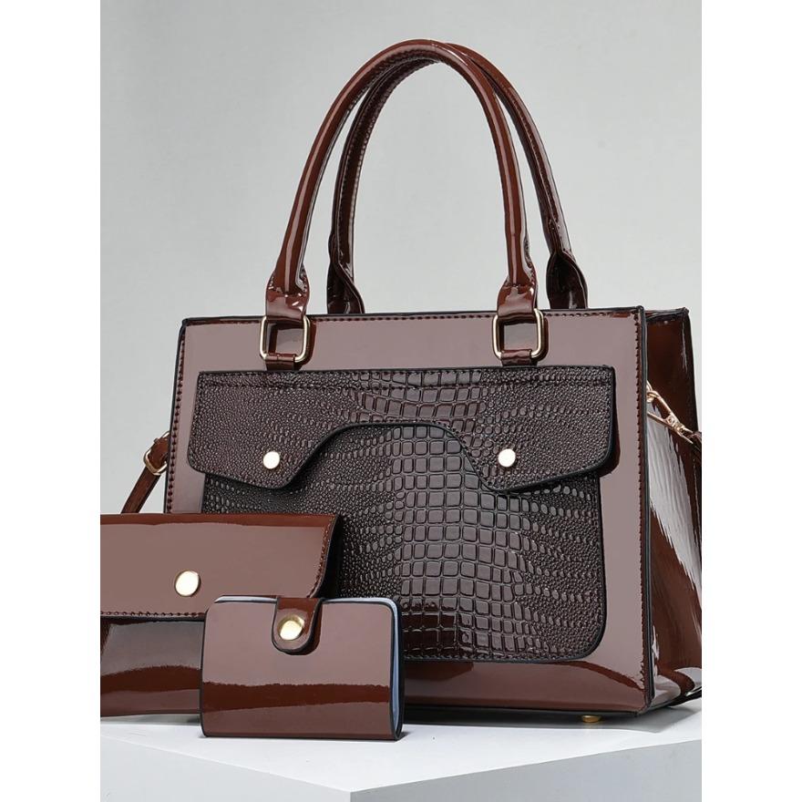 Женская деловая сумка большой емкости для поездок на работу, яркая кожаная женская сумка для девочек, сумка через плечо из трех частей, крокодиловая декоративная