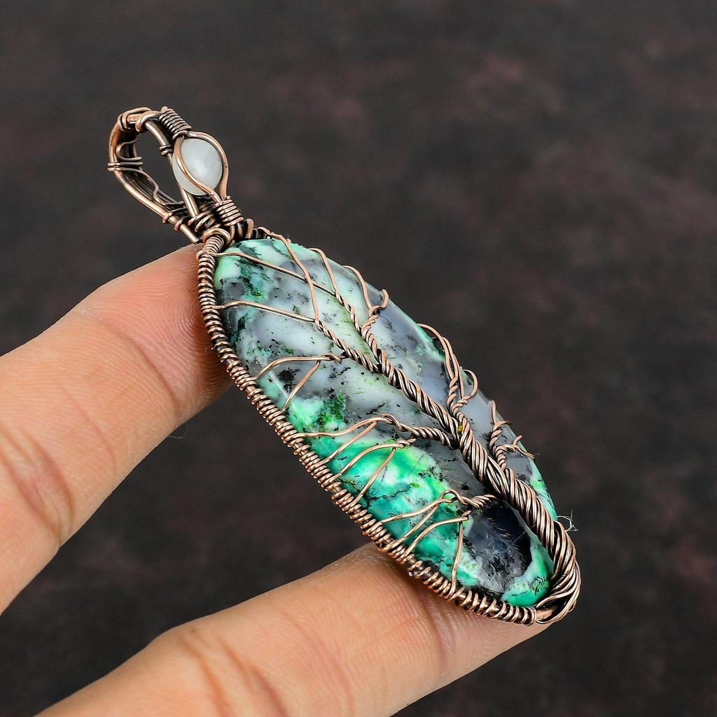 Подвеска из зеленого дендрита и опала «Дерево жизни», подвеска из медной проволоки, ювелирное изделие ручной работы, подвеска из радужного лунного камня, подвеска из настоящего драгоценного камня из меди