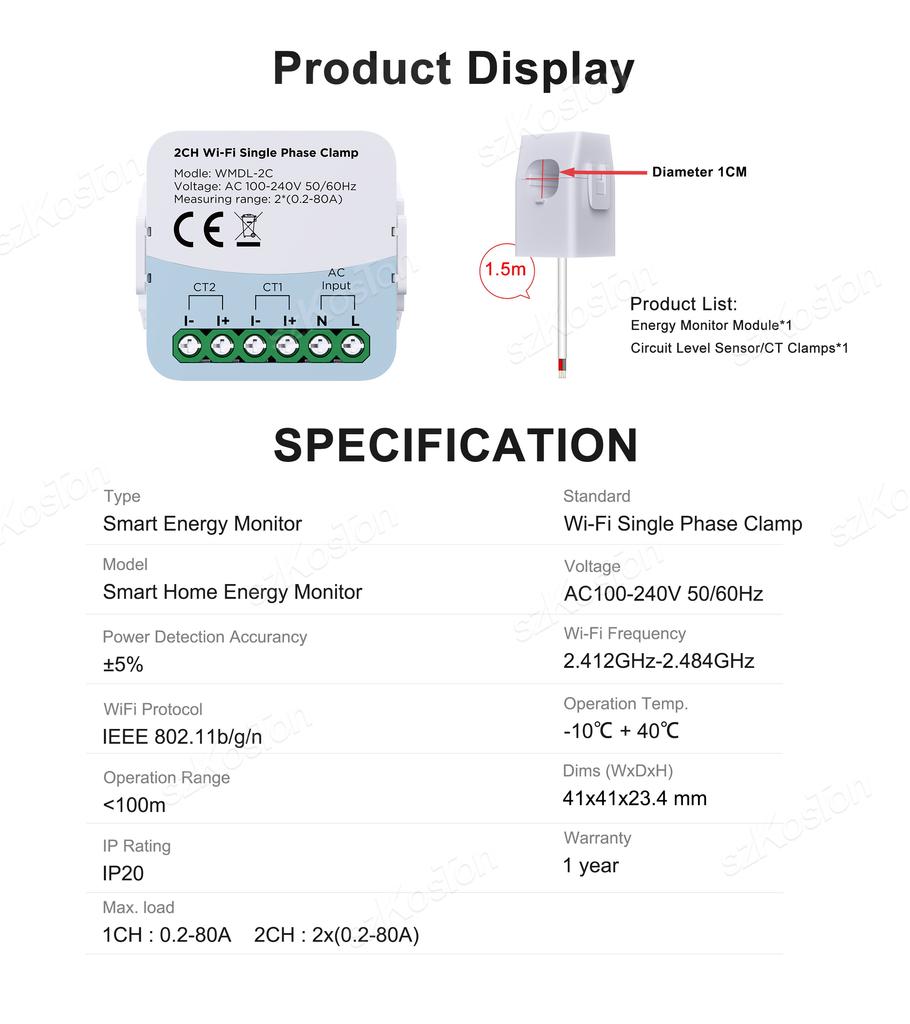Tuya Wifi Electric Consumption Meter Bidirection 2 Channel Power Meter with Current Transformer Clamp 80A 110V/240V Wattmeter