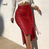 Stylish PU Leather Women's Solid Color Wrap Hip Skirt High Waist Lace-up Edge Buckle Slim Pencil Skirt