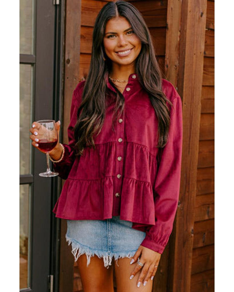 Azura Exchange Рубашка с круглым вырезом цвета бордового вельвета с оборками и пуговицами