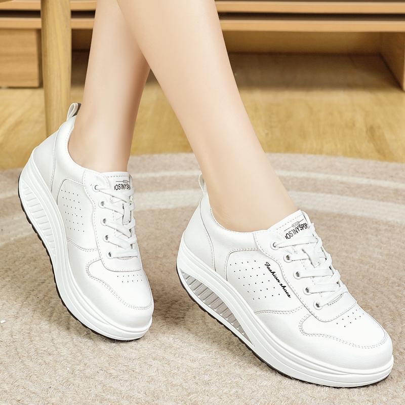 Women's Height Increase White Leather Wedge Sneakers Casual Thick Sole Loafers Girls Minimalist Maternity Shoes