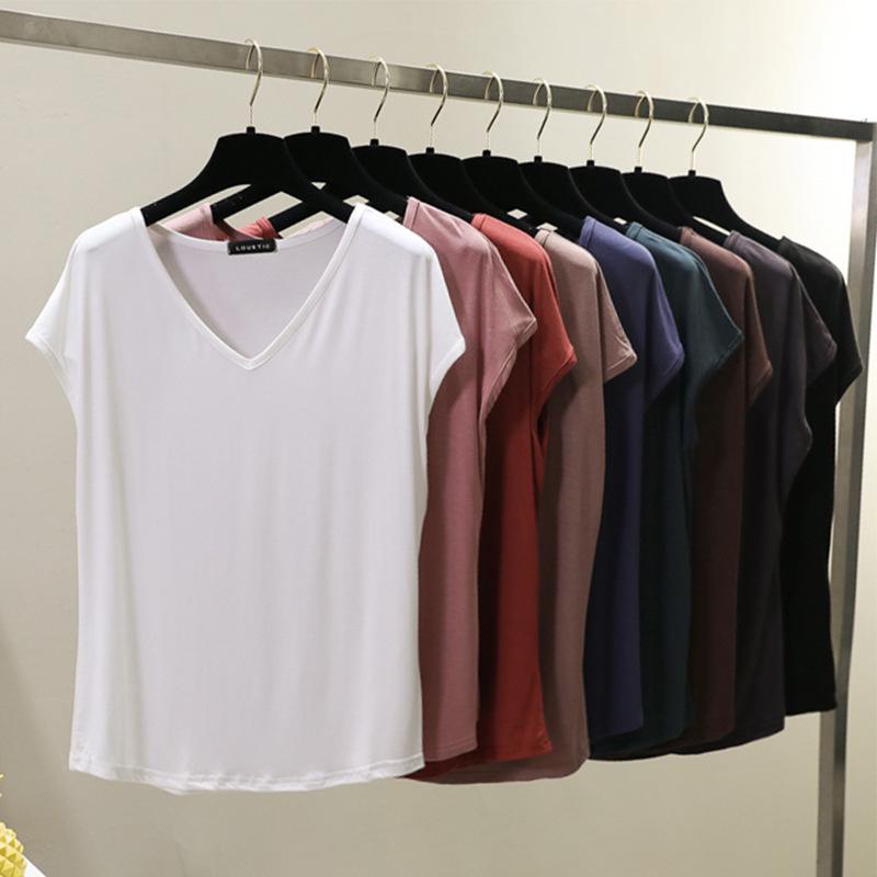 Solid V Neck Basic Tshirt Women Summer Modal Loose Tee Tops Casual Undershirt M To 2XL