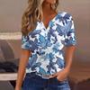 Женская модная повседневная футболка с v-образным вырезом и коротким рукавом с цветочным принтом, украшенная пуговицами, топ