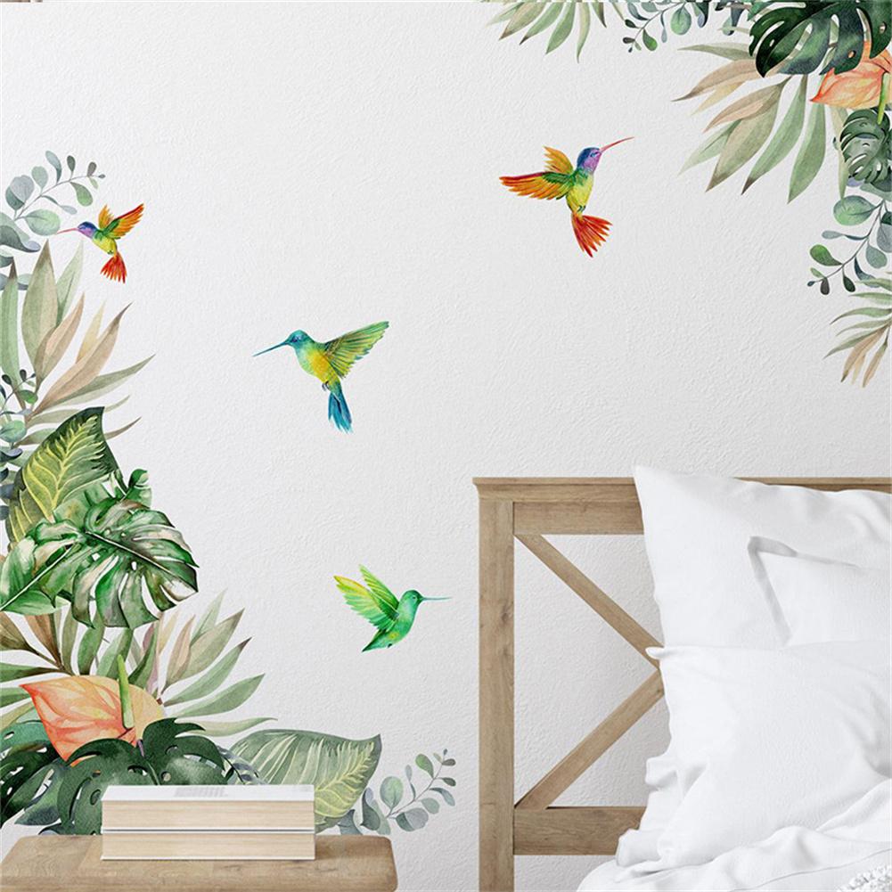 2 Pieces Tropical Plants Leaves Birds Wall Stickers Removable Waterproof Self-Adhesive Wall Decals, Colorful Natural Plants Wallpaper For Bedroom Livi