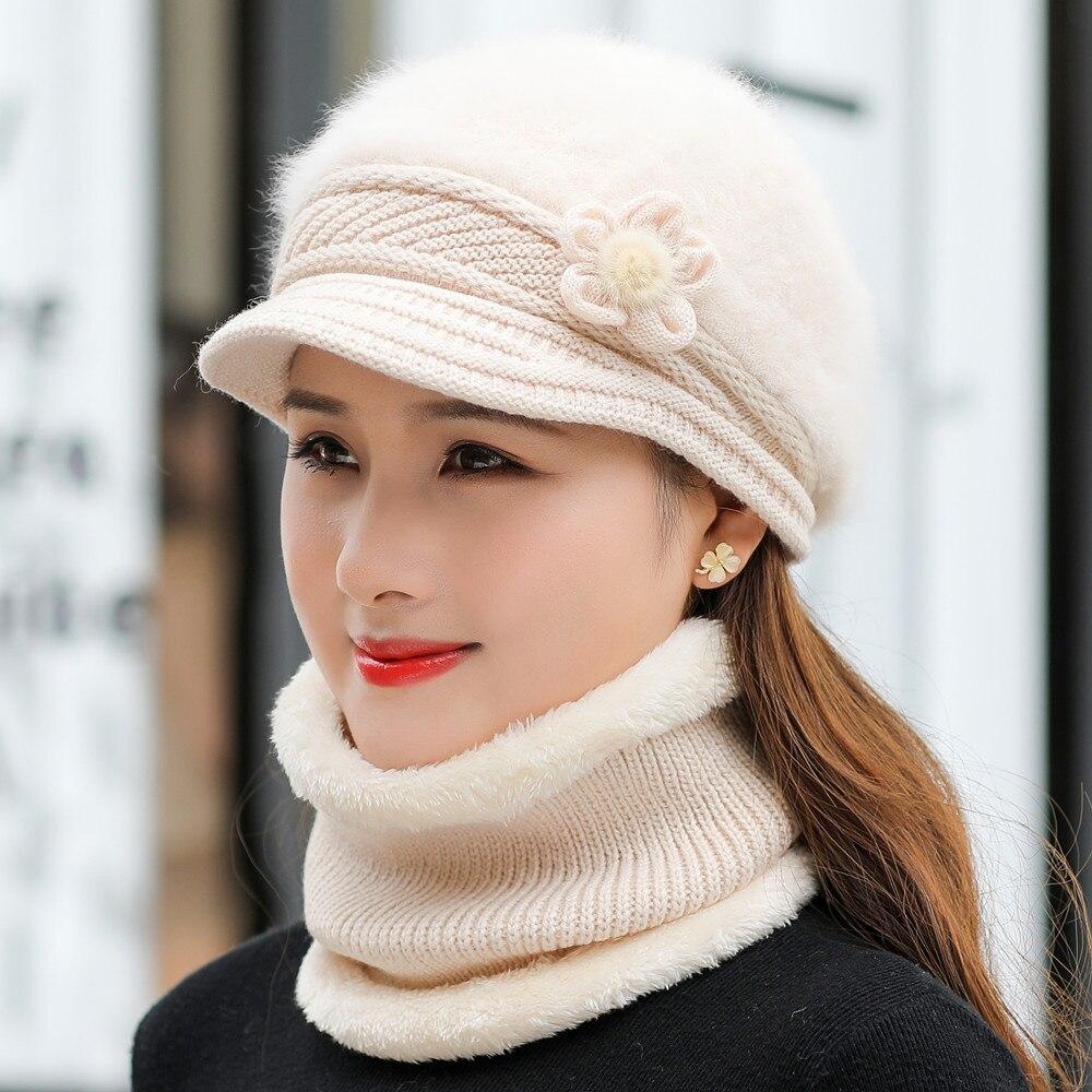1PC New Women Winter Hat Keep Warm Cap Add Fur Lined Hat & Scarf Knit Suit Fashion Hat For Women Casual Rabbit Fur Flower Knitted Hat