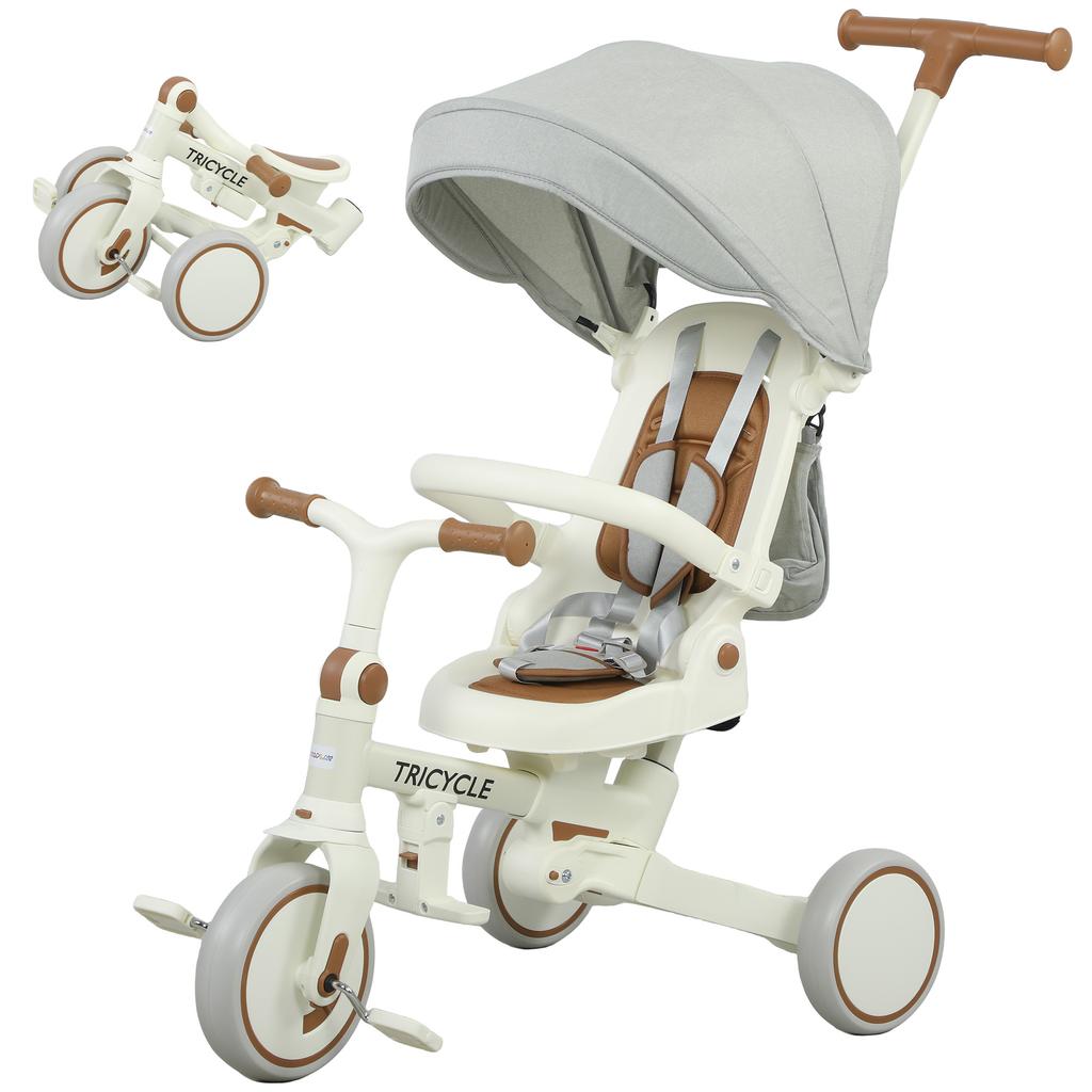 Children's Tricycle, Convertible Baby Buggy, 5-in-1, Push Handle, 1-3 Years, Cream White