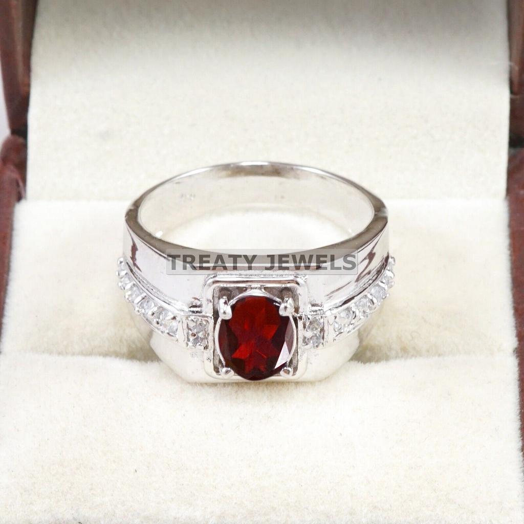 Garnet Oval Cut Gemstone With 925 Sterling Silver Ring For Men's #B101 JL375671440233