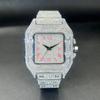 MISSFOX Iced Out Men Watch Square Face Diamond Pink Blue Number Quartz Luxury WristWatch Roman Clock Relogio Masculino