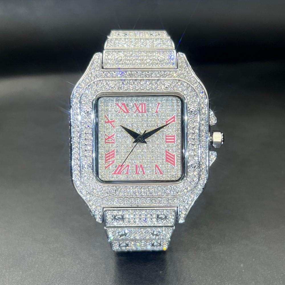MISSFOX Iced Out Men Watch Square Face Diamond Pink Blue Number Quartz Luxury WristWatch Roman Clock Relogio Masculino