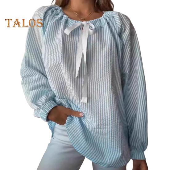 Женская рубашка с круглым вырезом, бантом, шнуровкой, длинным рукавом, полосатым принтом, свободный крой, для вечеринок, офиса, повседневной носки