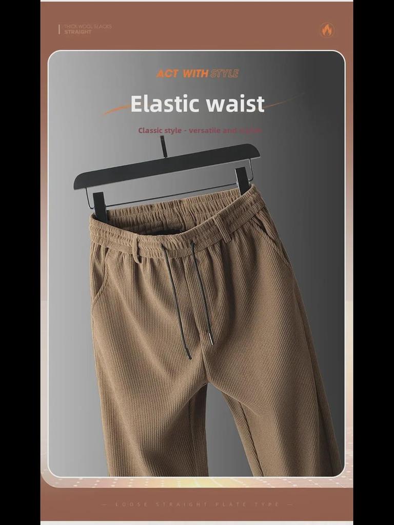 Вельветовые мужские брюки-стрейч с высокой талией: Плотные, свободные, прямые брюки на осень/зиму