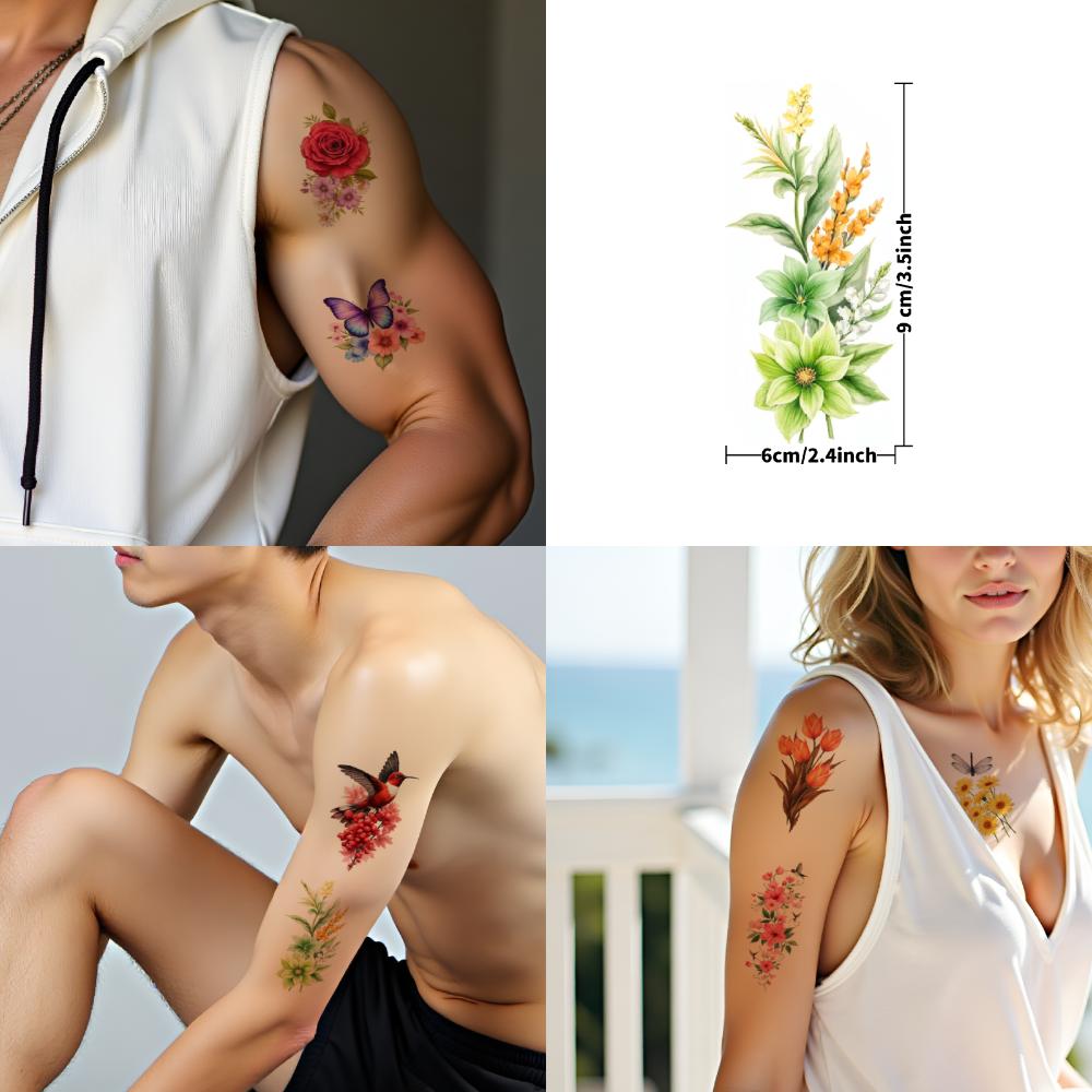 9pcs Temporary Tattoo Temporary Tattoo Stickers Butterfly With Lavender Flowers Orange Alstroemeria Flowers Yellow Daffodils For
