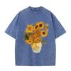 2026 Vintage Washed Black Van Gogh Sunflower Oil Painting Graphic T Shirt Retro Art Print Oversized Casual Short Sleeve Tee