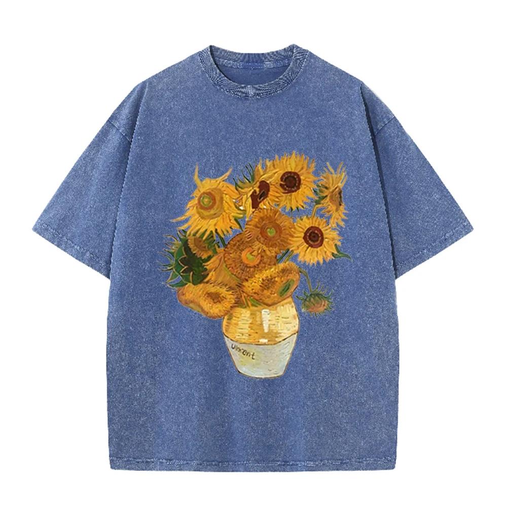 2026 Vintage Washed Black Van Gogh Sunflower Oil Painting Graphic T Shirt Retro Art Print Oversized Casual Short Sleeve Tee