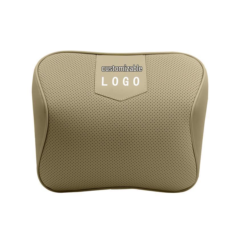 Lincoln Car Leather Neck Pillow & Lumbar Support - Customizable Logo, Memory Foam.