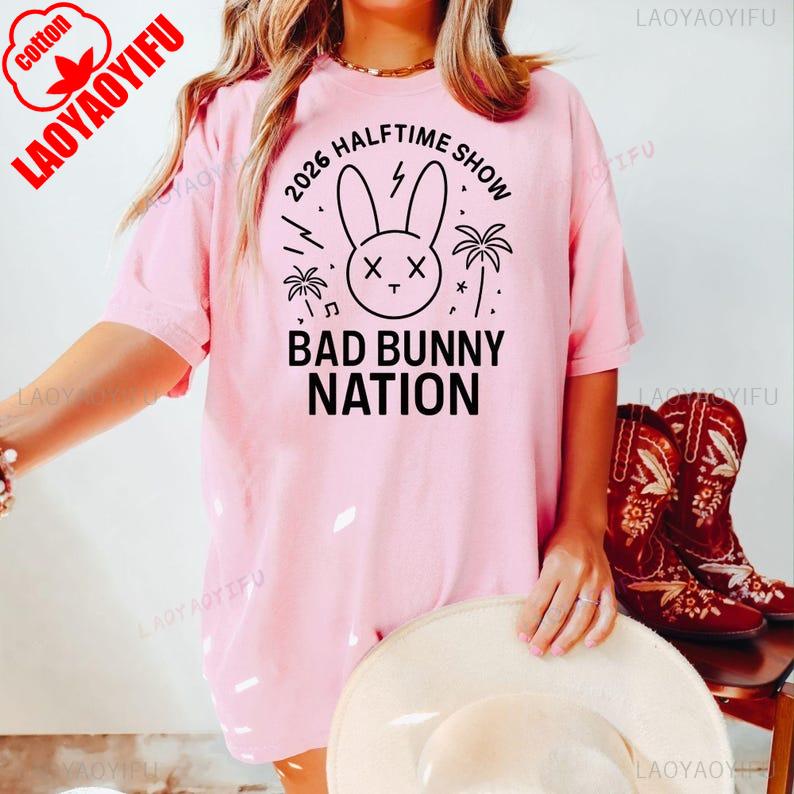 2026 BAD BUNNY NATION Graphic T Shirts Graphic Graphic Womens Trend Leisure Lovely Fans Tee Regular Short Sleeve Cotton Tops